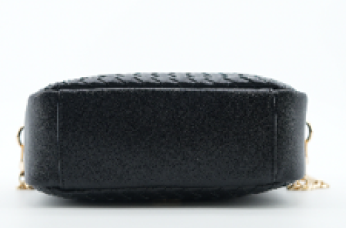 sleek black quilted camera bag
